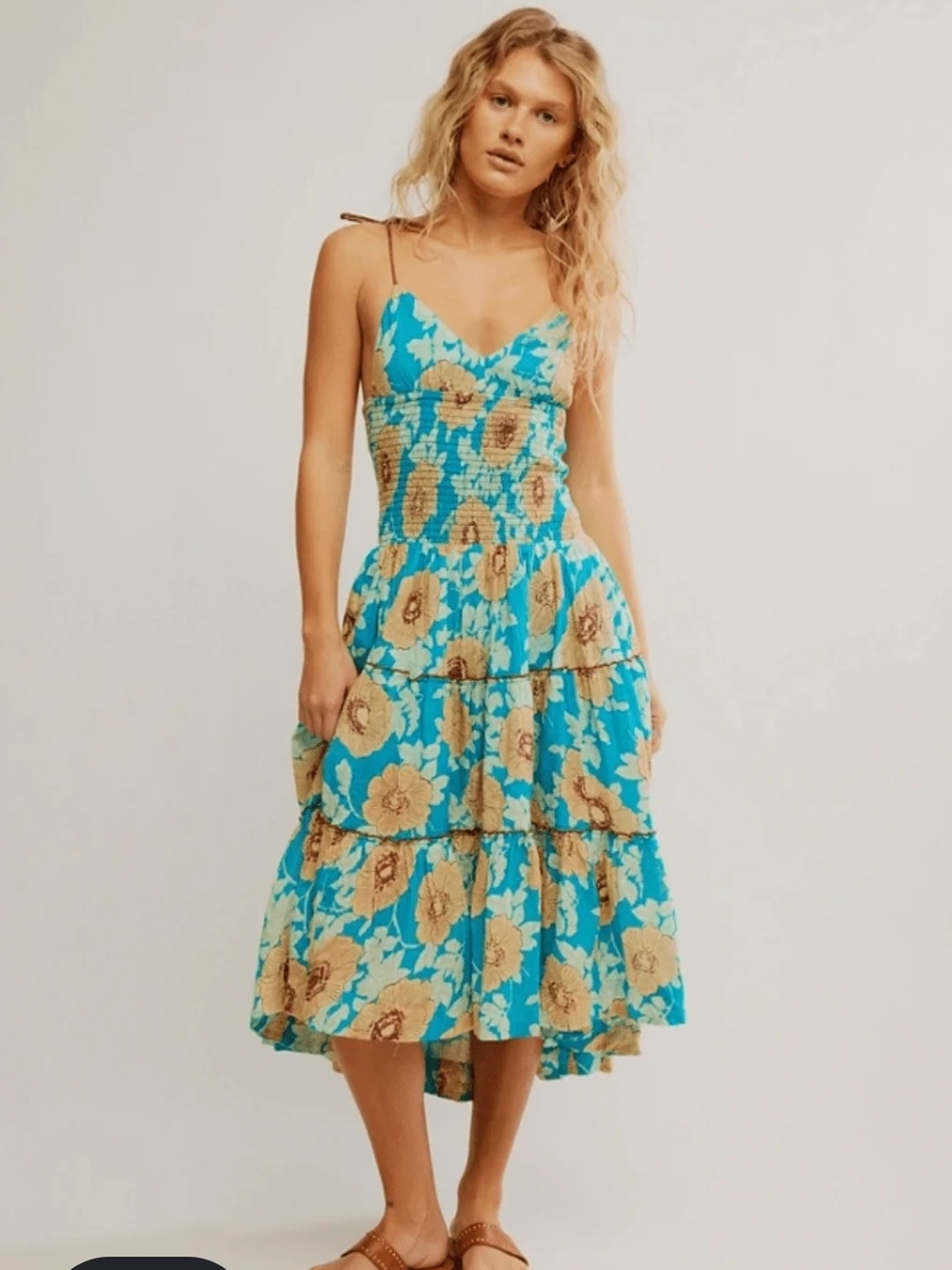 Free People Turquoise Floral Smocked Midi Dress